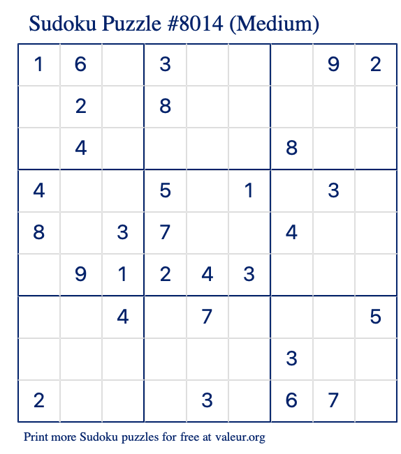 Free Printable Medium Sudoku Puzzle number 8014