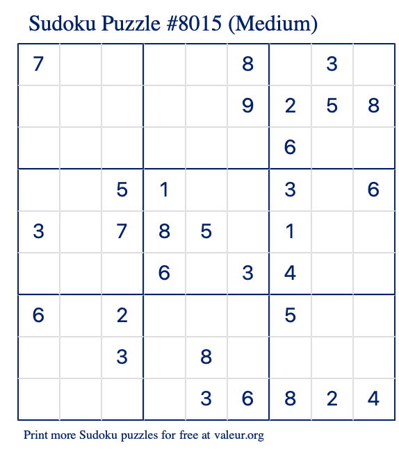 Free Printable Medium Sudoku Puzzle number 8015