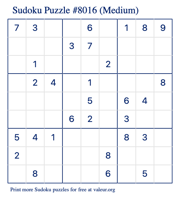 Free Printable Medium Sudoku Puzzle number 8016