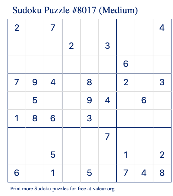 Free Printable Medium Sudoku Puzzle number 8017