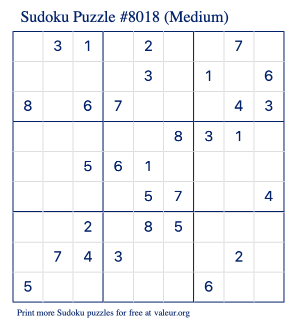 Free Printable Medium Sudoku Puzzle number 8018