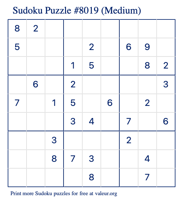 Free Printable Medium Sudoku Puzzle number 8019