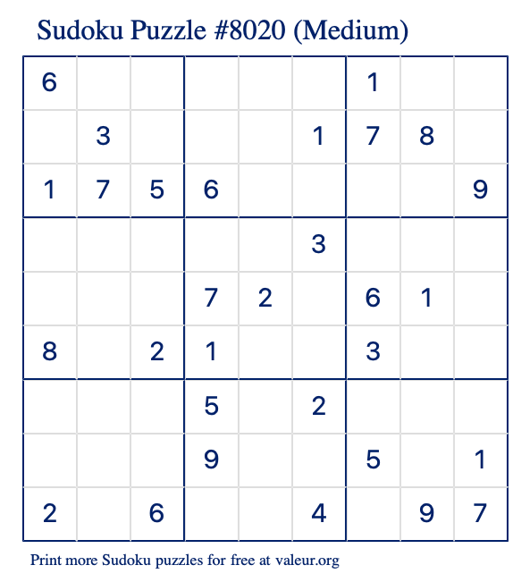 Free Printable Medium Sudoku Puzzle number 8020