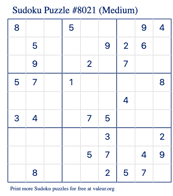 Free Printable Medium Sudoku Puzzle number 8021