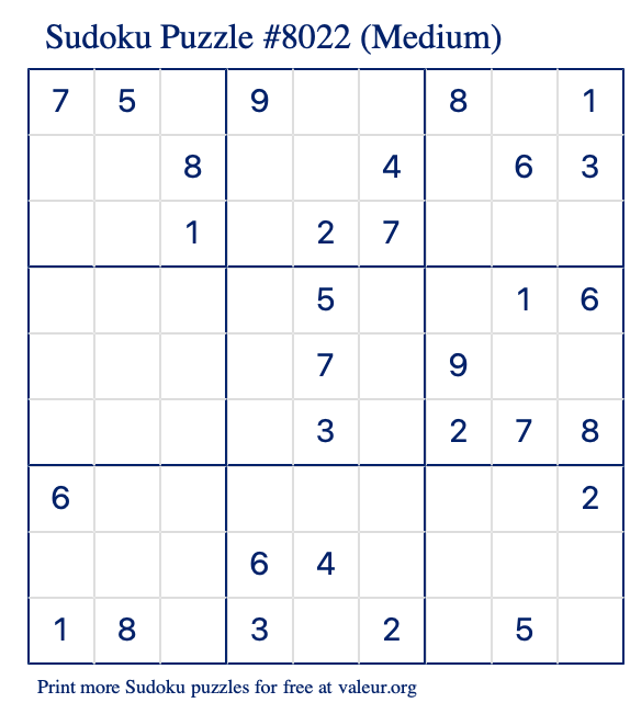 Free Printable Medium Sudoku Puzzle number 8022