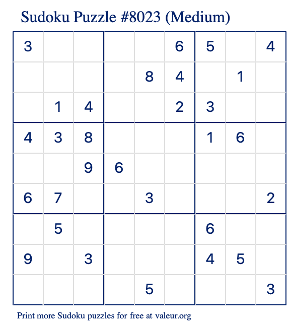 Free Printable Medium Sudoku Puzzle number 8023