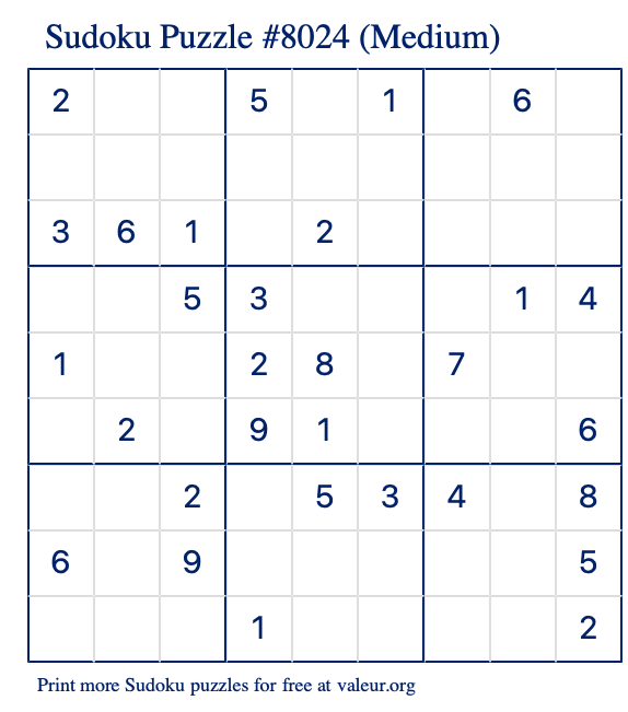 Free Printable Medium Sudoku Puzzle number 8024