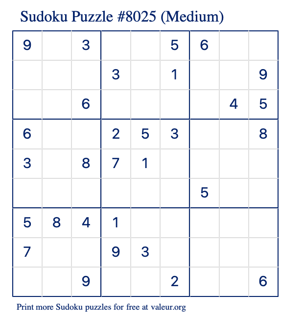 Free Printable Medium Sudoku Puzzle number 8025