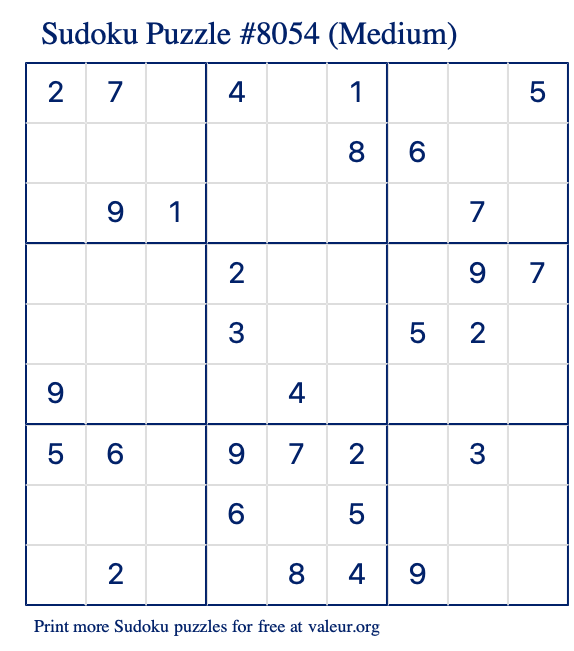 Free Printable Medium Sudoku Puzzle number 8054