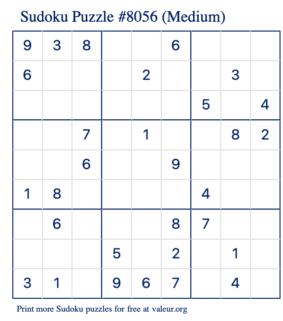 Free Printable Medium Sudoku Puzzle number 8056