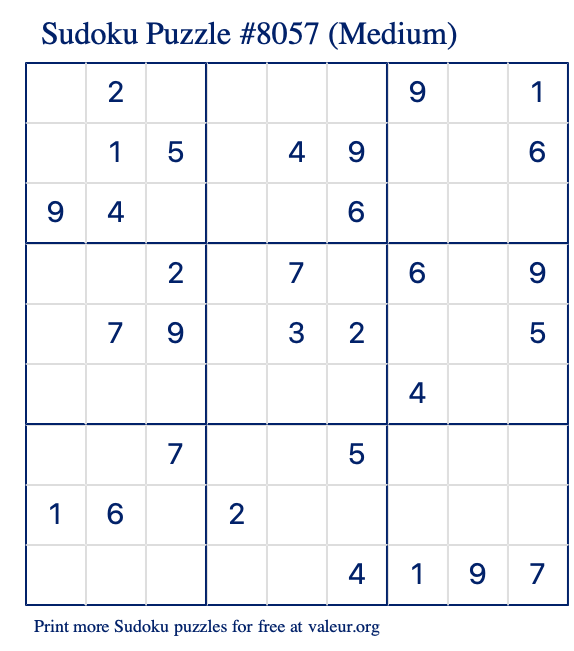 Free Printable Medium Sudoku Puzzle number 8057
