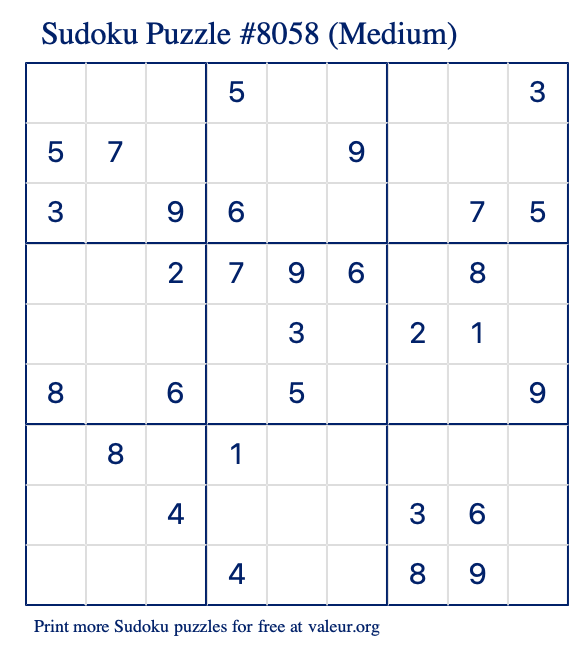 Free Printable Medium Sudoku Puzzle number 8058
