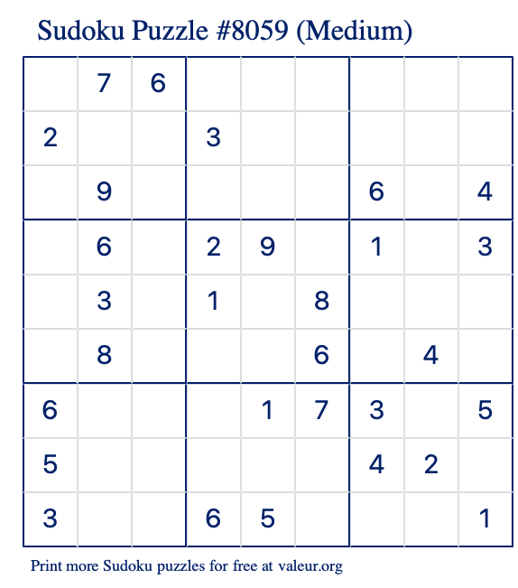 Free Printable Medium Sudoku Puzzle number 8059