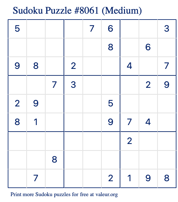 Free Printable Medium Sudoku Puzzle number 8061