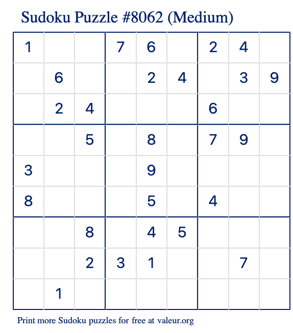 Free Printable Medium Sudoku Puzzle number 8062