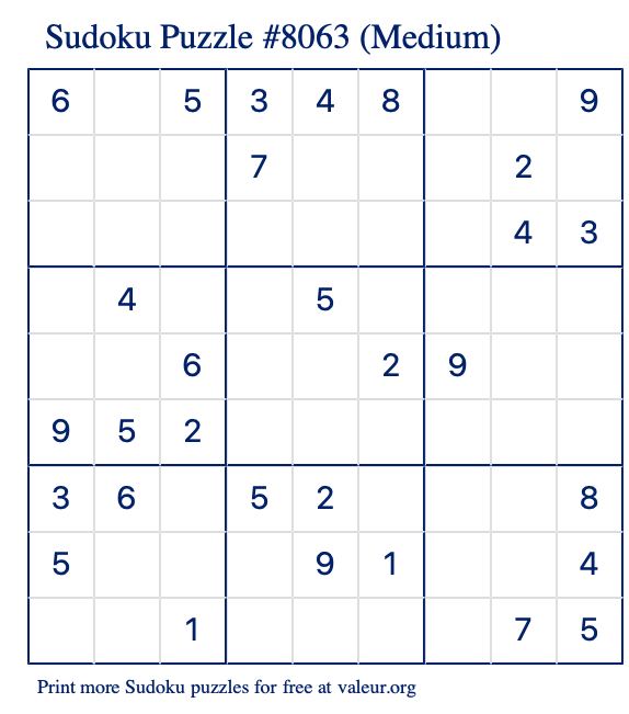Free Printable Medium Sudoku Puzzle number 8063
