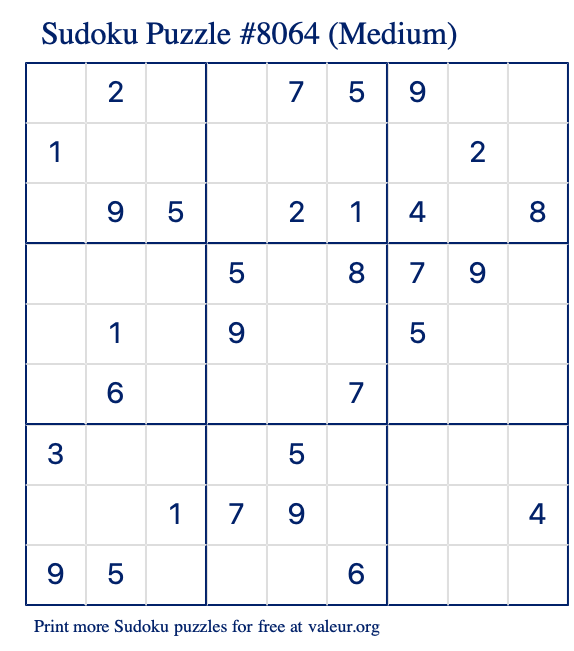 Free Printable Medium Sudoku Puzzle number 8064