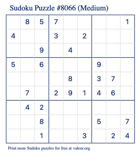 Free Printable Medium Sudoku Puzzle number 8066