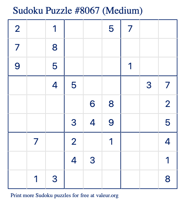 Free Printable Medium Sudoku Puzzle number 8067
