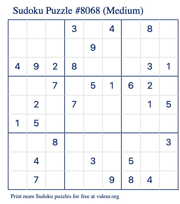 Free Printable Medium Sudoku Puzzle number 8068