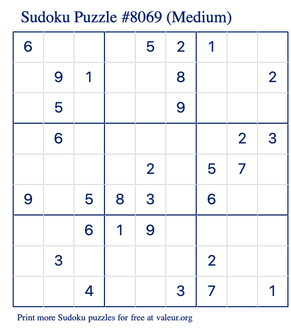 Free Printable Medium Sudoku Puzzle number 8069