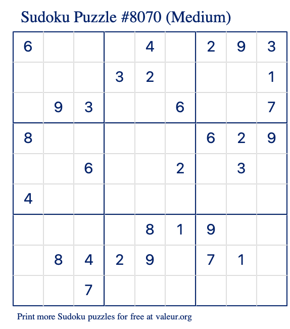 Free Printable Medium Sudoku Puzzle number 8070