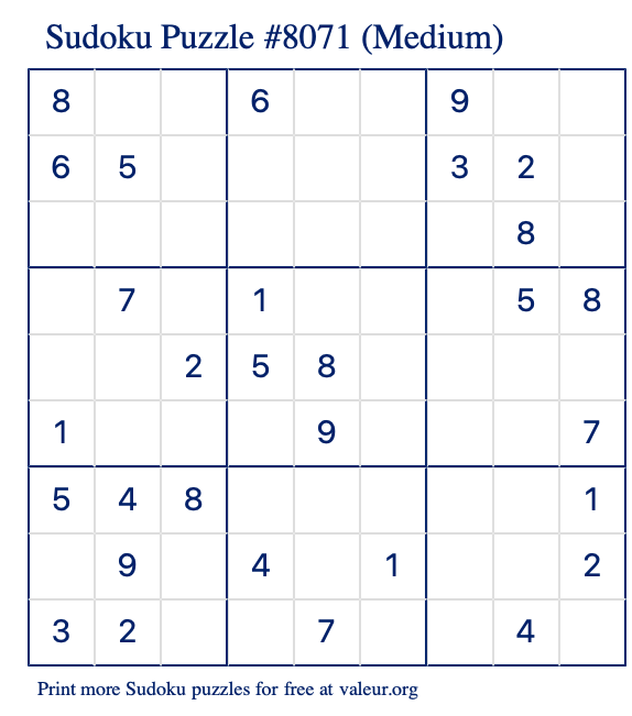 Free Printable Medium Sudoku Puzzle number 8071