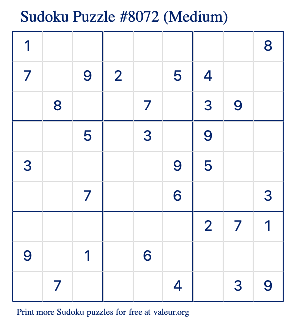 Free Printable Medium Sudoku Puzzle number 8072