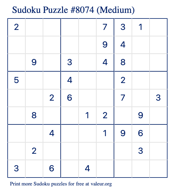Free Printable Medium Sudoku Puzzle number 8074