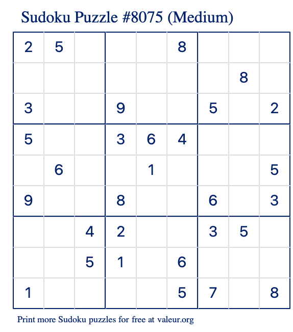 Free Printable Medium Sudoku Puzzle number 8075