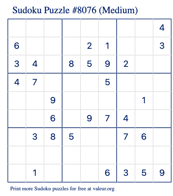 Free Printable Medium Sudoku Puzzle number 8076
