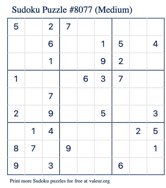 Free Printable Medium Sudoku Puzzle number 8077