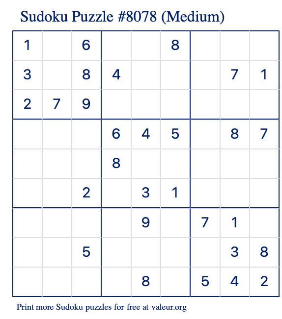 Free Printable Medium Sudoku Puzzle number 8078