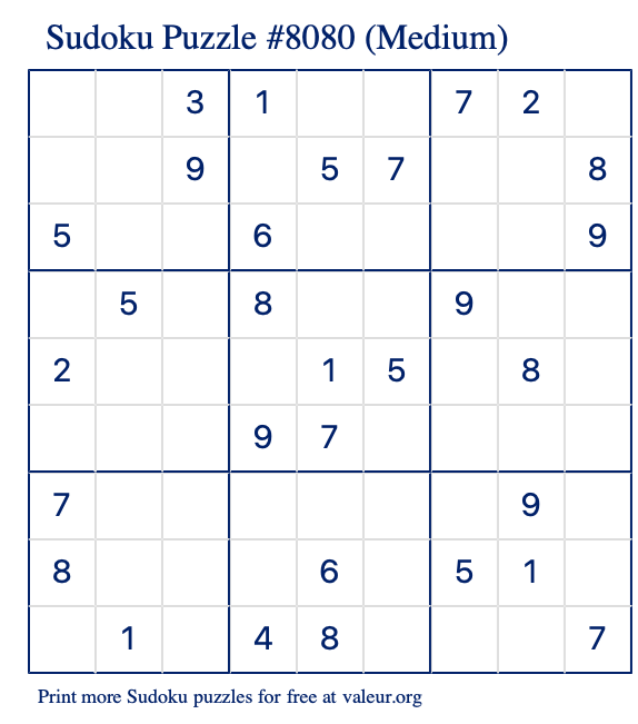 Free Printable Medium Sudoku Puzzle number 8080