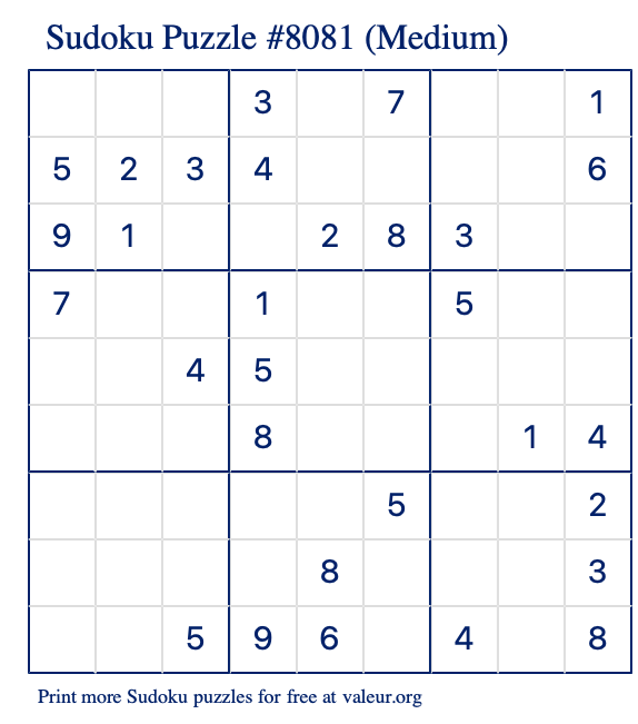 Free Printable Medium Sudoku Puzzle number 8081