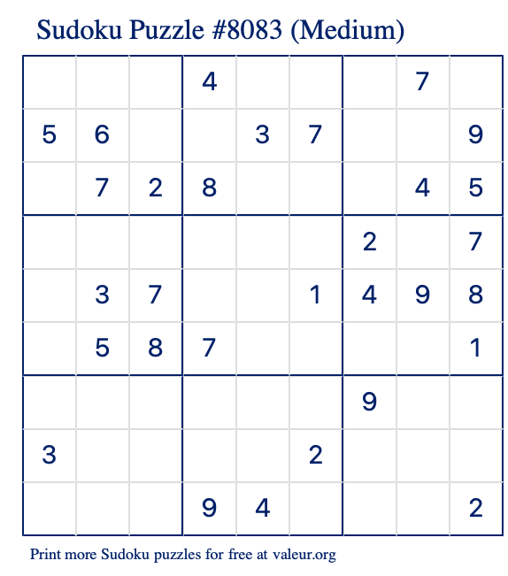 Free Printable Medium Sudoku Puzzle number 8083