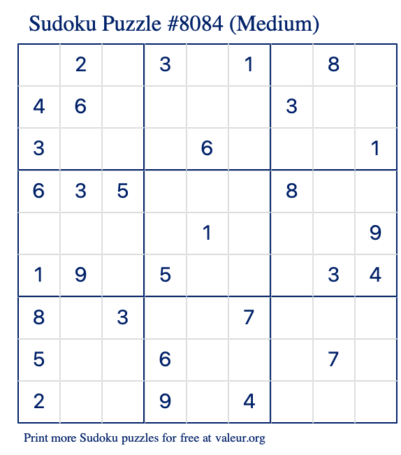Free Printable Medium Sudoku Puzzle number 8084