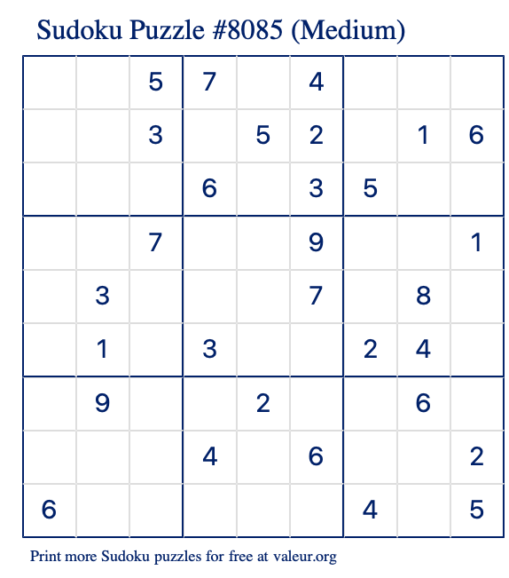 Free Printable Medium Sudoku Puzzle number 8085