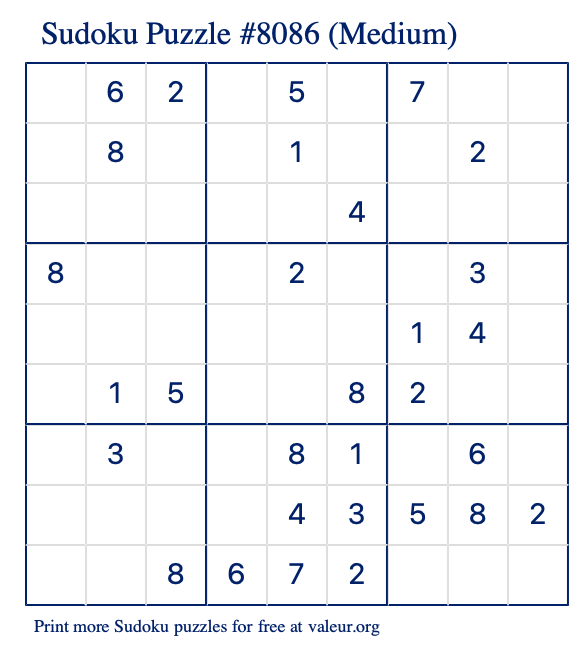 Free Printable Medium Sudoku Puzzle number 8086
