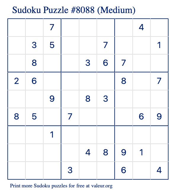 Free Printable Medium Sudoku Puzzle number 8088