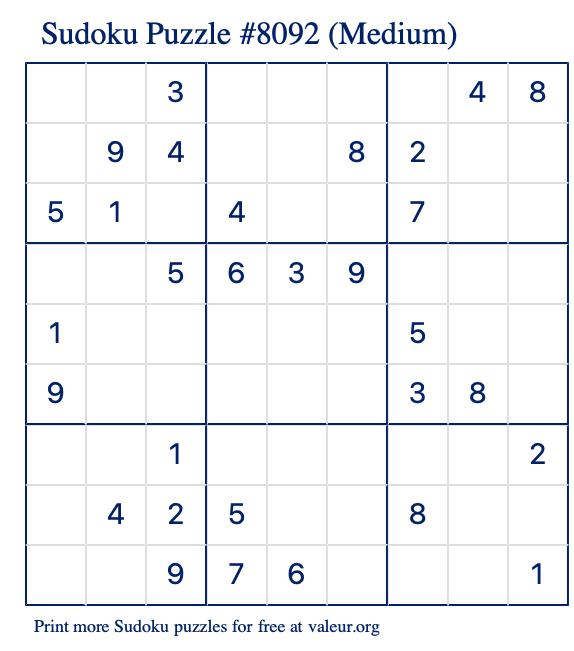 Free Printable Medium Sudoku Puzzle number 8092