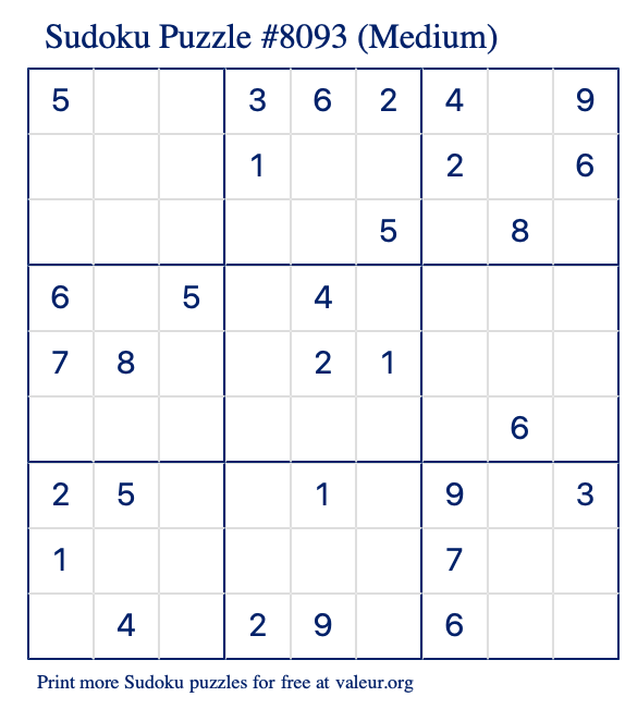 Free Printable Medium Sudoku Puzzle number 8093