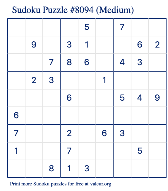 Free Printable Medium Sudoku Puzzle number 8094