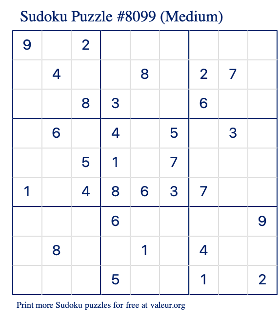 Free Printable Medium Sudoku Puzzle number 8099