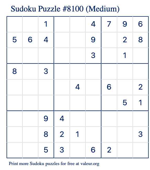 Free Printable Medium Sudoku Puzzle number 8100