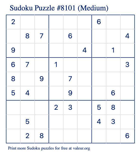Free Printable Medium Sudoku Puzzle number 8101