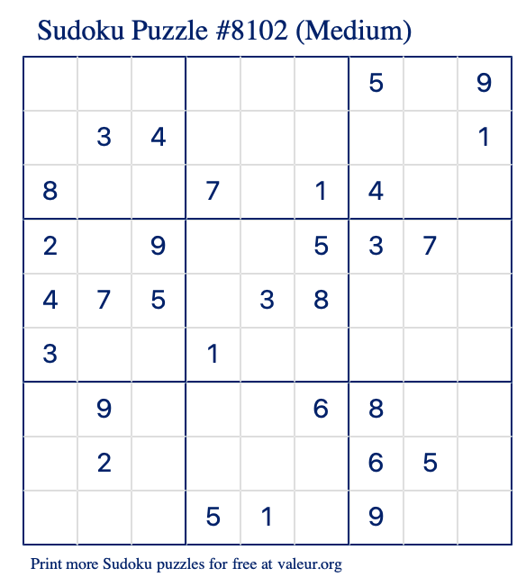 Free Printable Medium Sudoku Puzzle number 8102
