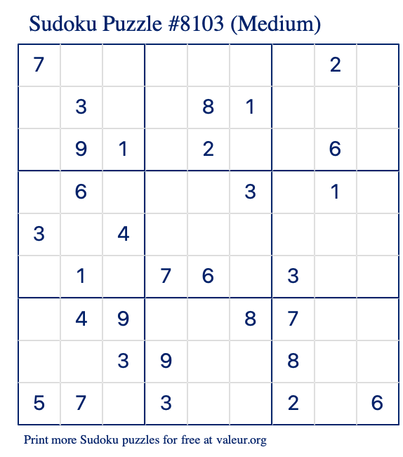 Free Printable Medium Sudoku Puzzle number 8103