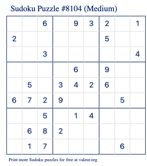 Free Printable Medium Sudoku Puzzle number 8104