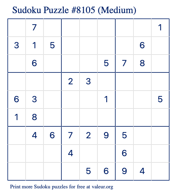 Free Printable Medium Sudoku Puzzle number 8105